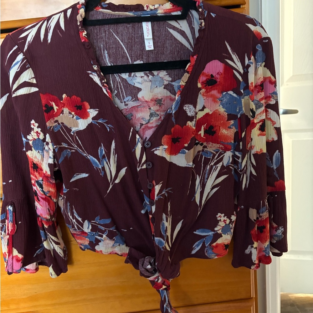 Xhilaration Red Crop Tie Front Top with Flutter Sleeves